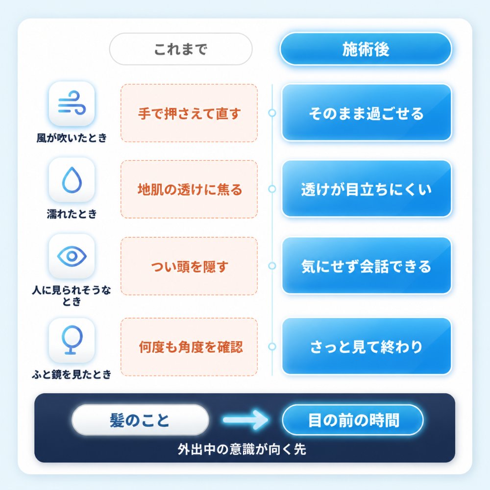 外出中の不安を比較：風が吹いたとき・濡れたとき・人に見られそうなとき・ふと鏡を見たとき、これまでと施術後